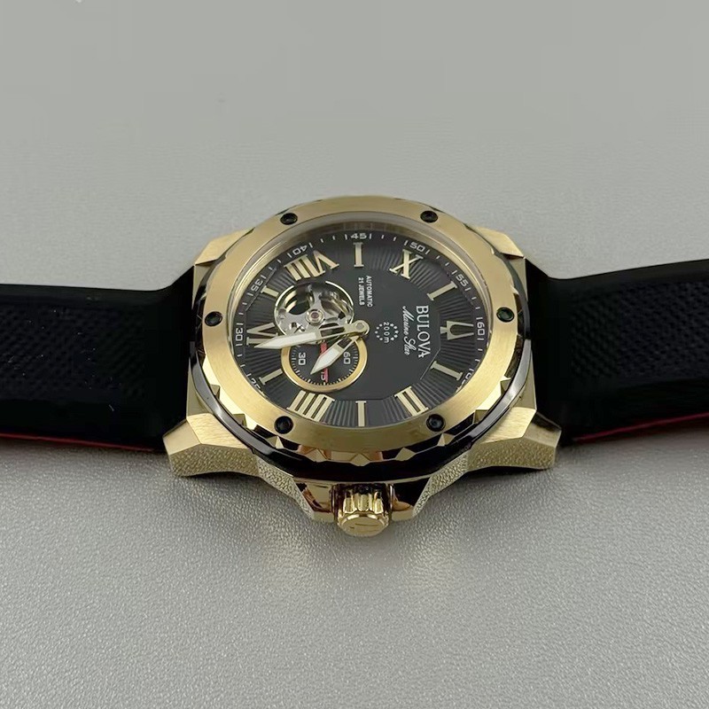 Bulova Marine Star 98A272 Automatic Men’s Watch Black Gold Dial Rubber Strap