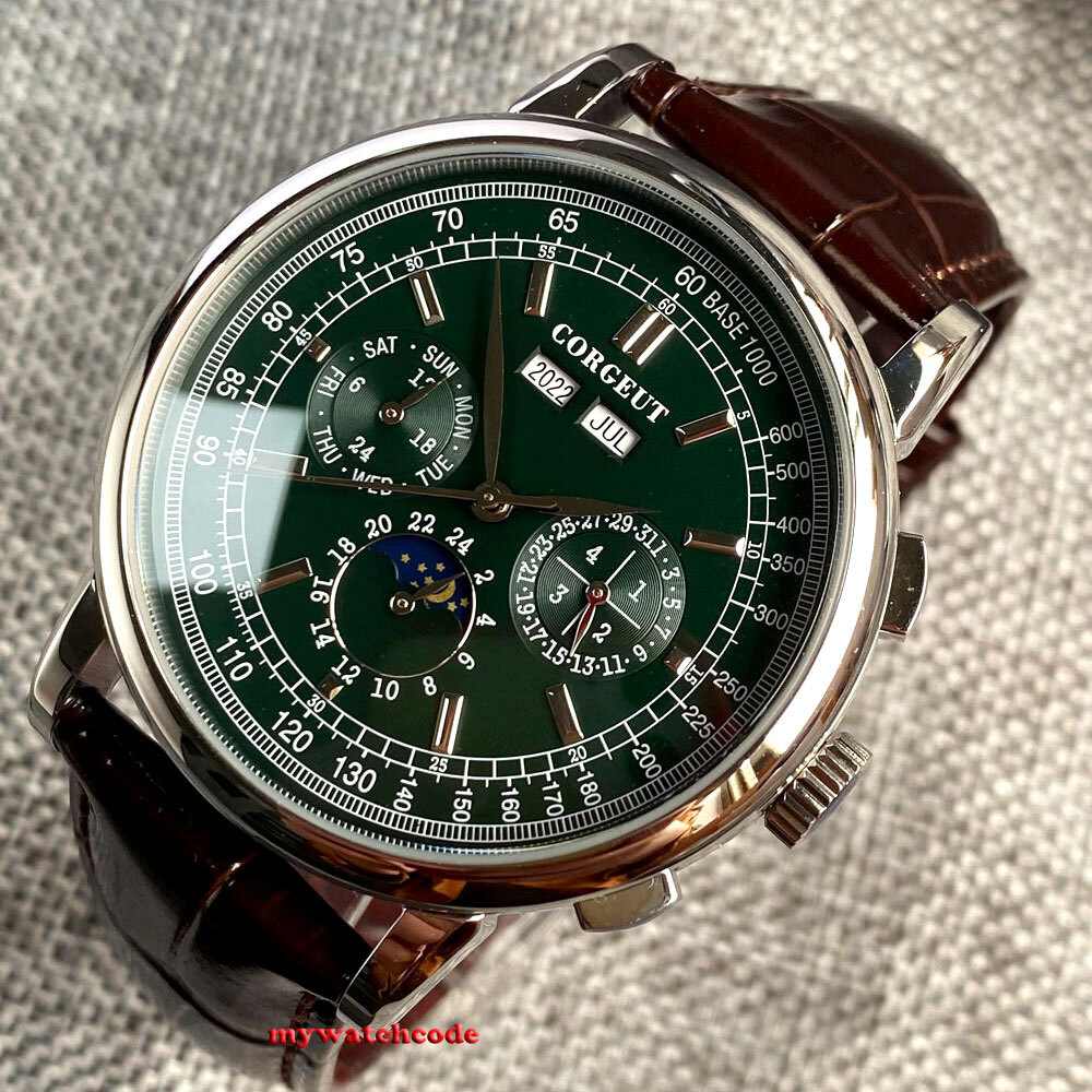 42mm Corgeut Green Blue pink Dial Day Multifunction Sea-gull Automatic Men Watch
