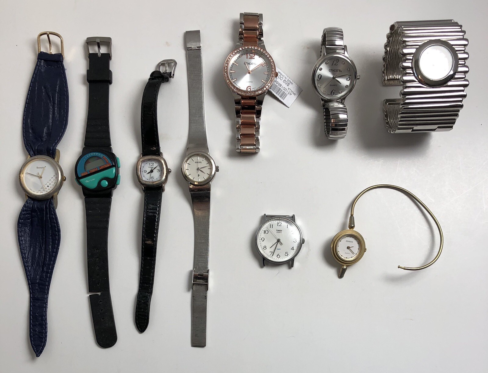 Lot of 9 Women’s Watches CHICOS Fossil BONETTO Timex WILSON Bezel CUFF Stretch