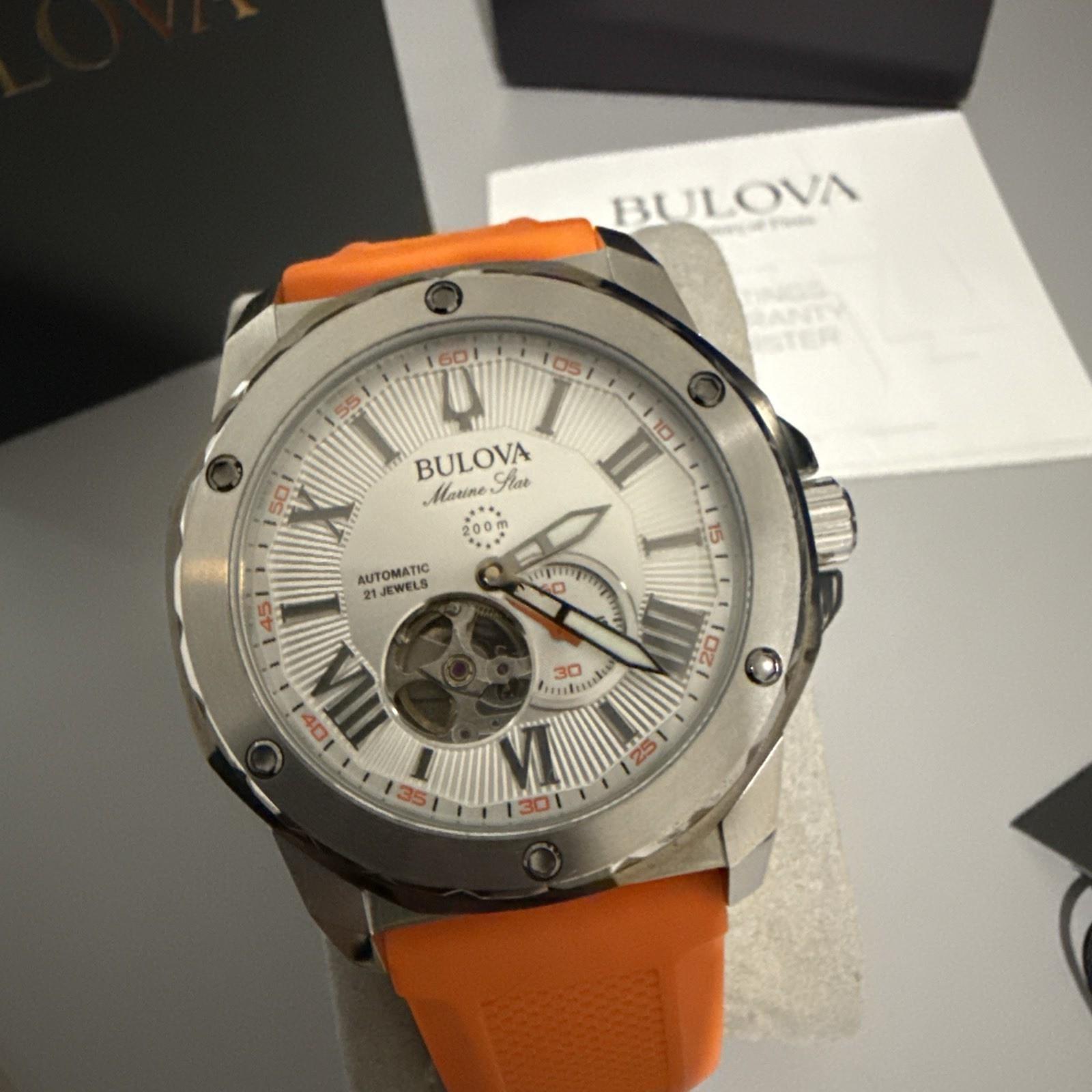 Bulova Marine Star 98A226 Automatic Men’s Silver Dial Orange Rubber Strap Watch