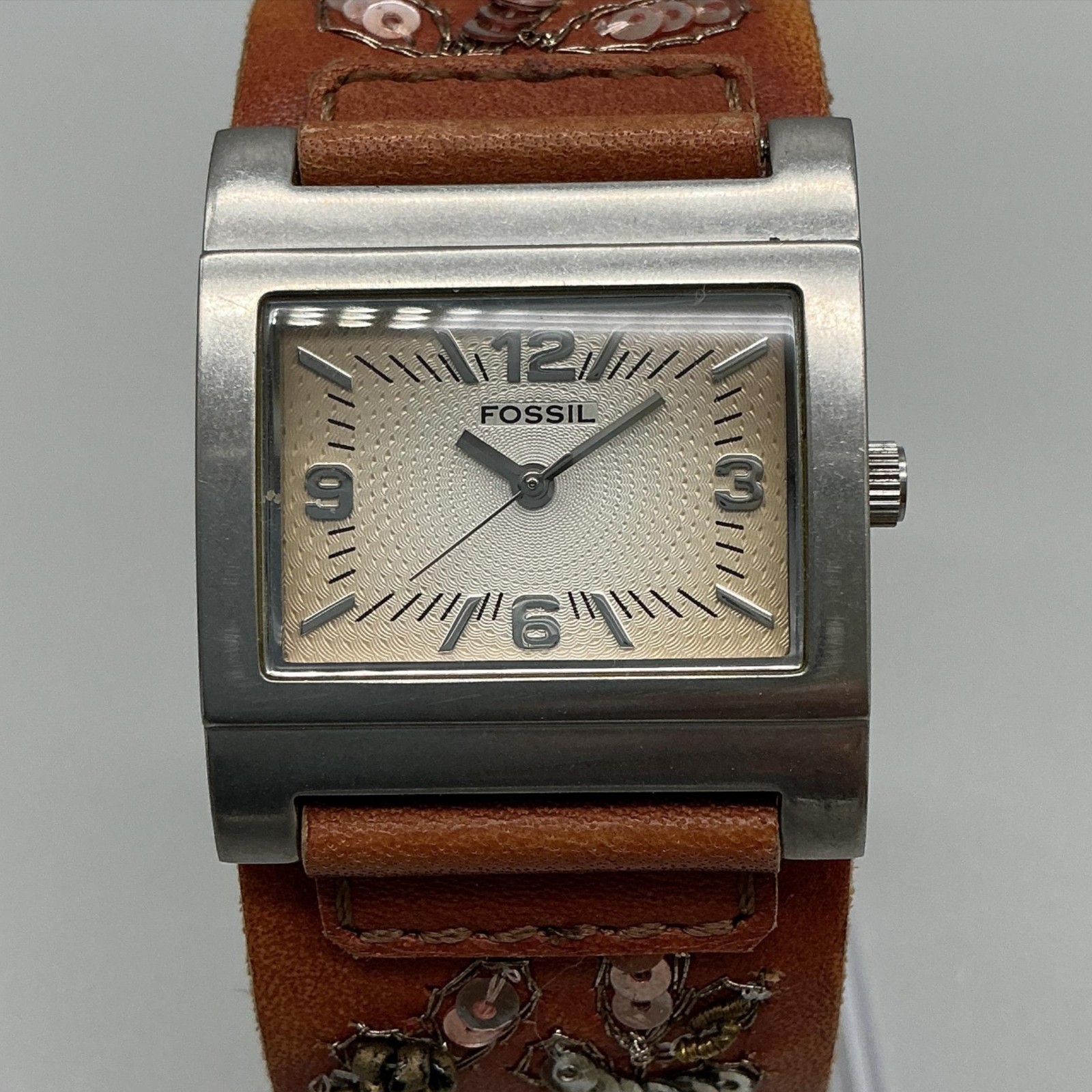 Fossil Womens Watch 30mm Cream Dial Brown Leather Floral Sequin Band New Battery