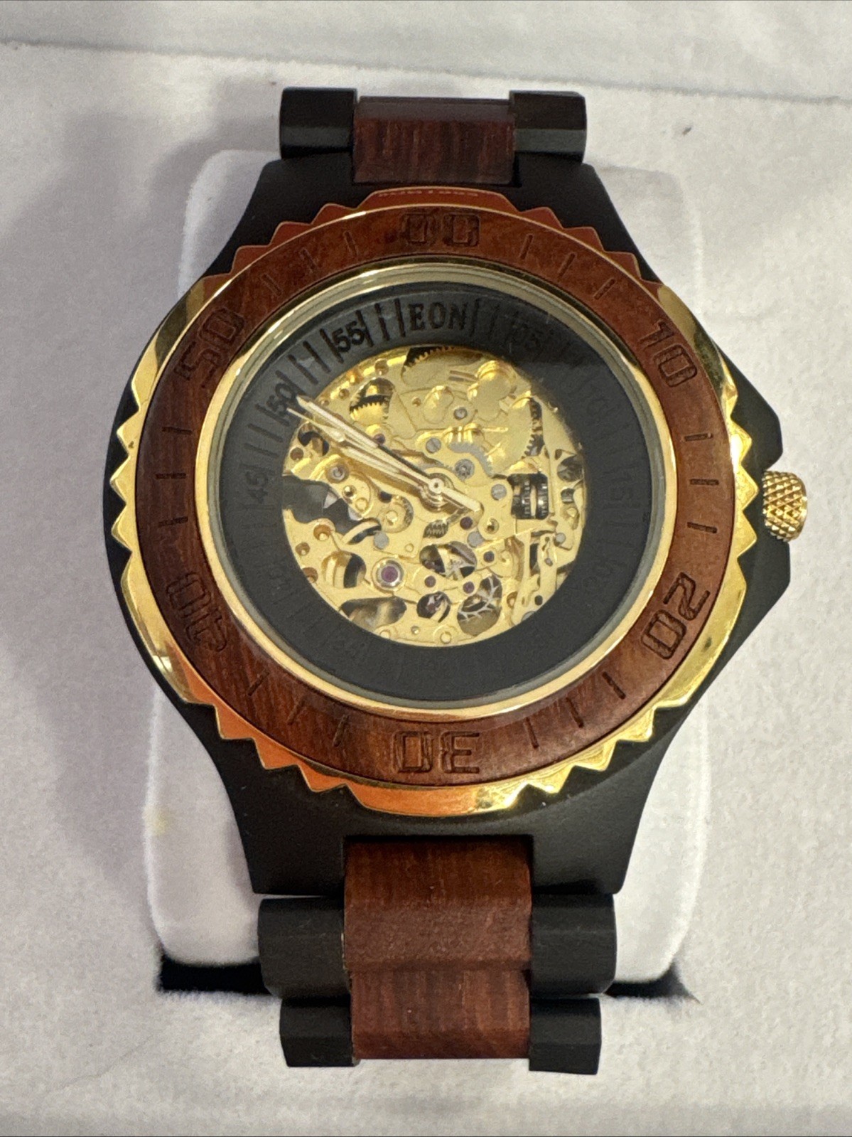 Mens Eon 1962 Japanese Movement Skeleton Dial Sandalwood Watch BNIB