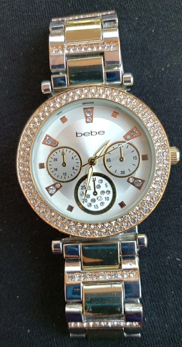 bebe Womens Watch Tri Color Crystal Bezel Watch 6 1/2″ New Battery NWOB