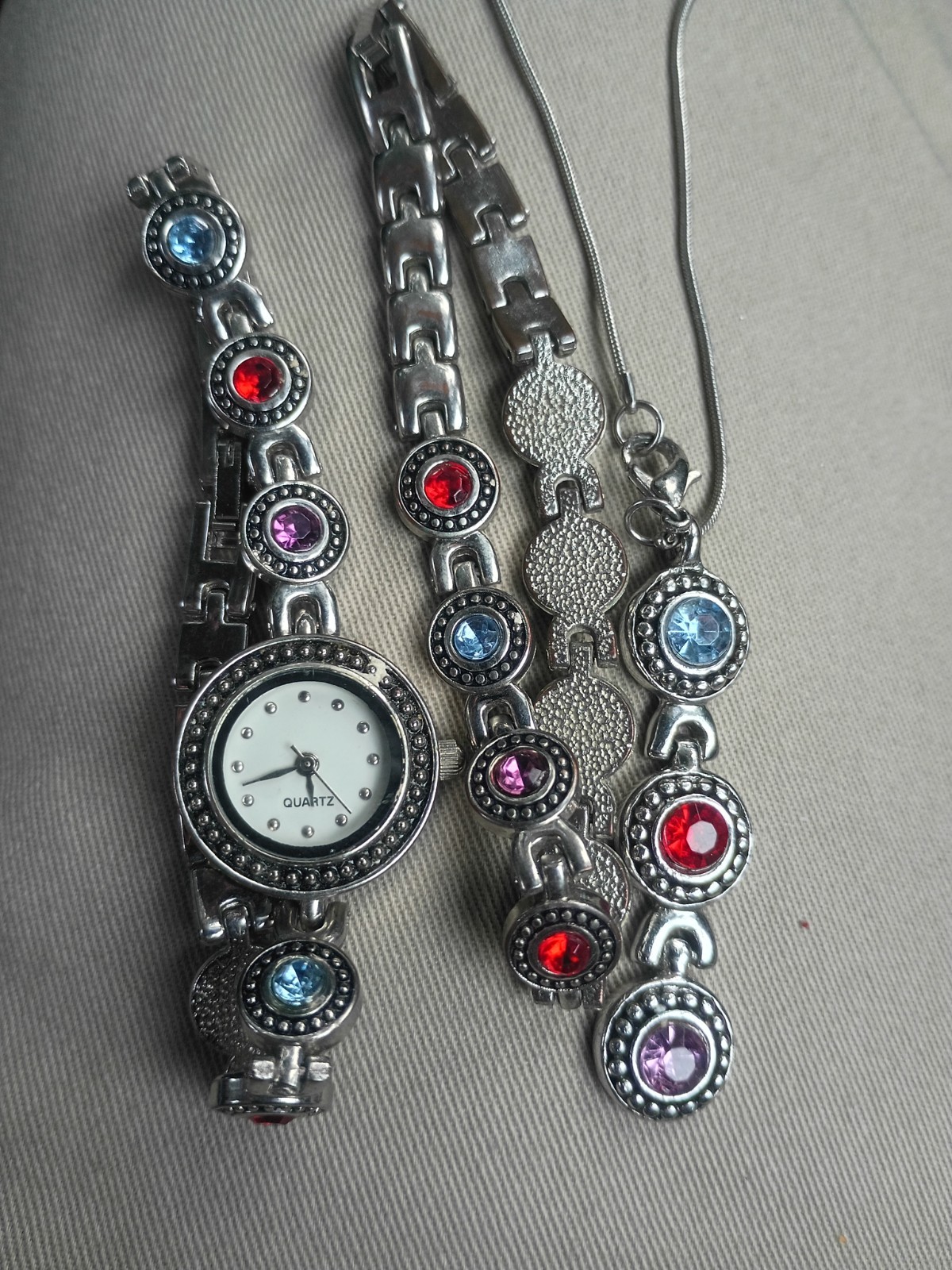 Silver Tone Bracelet, Watch & Necklace Set – Red, Blue & Purple Rhinestones