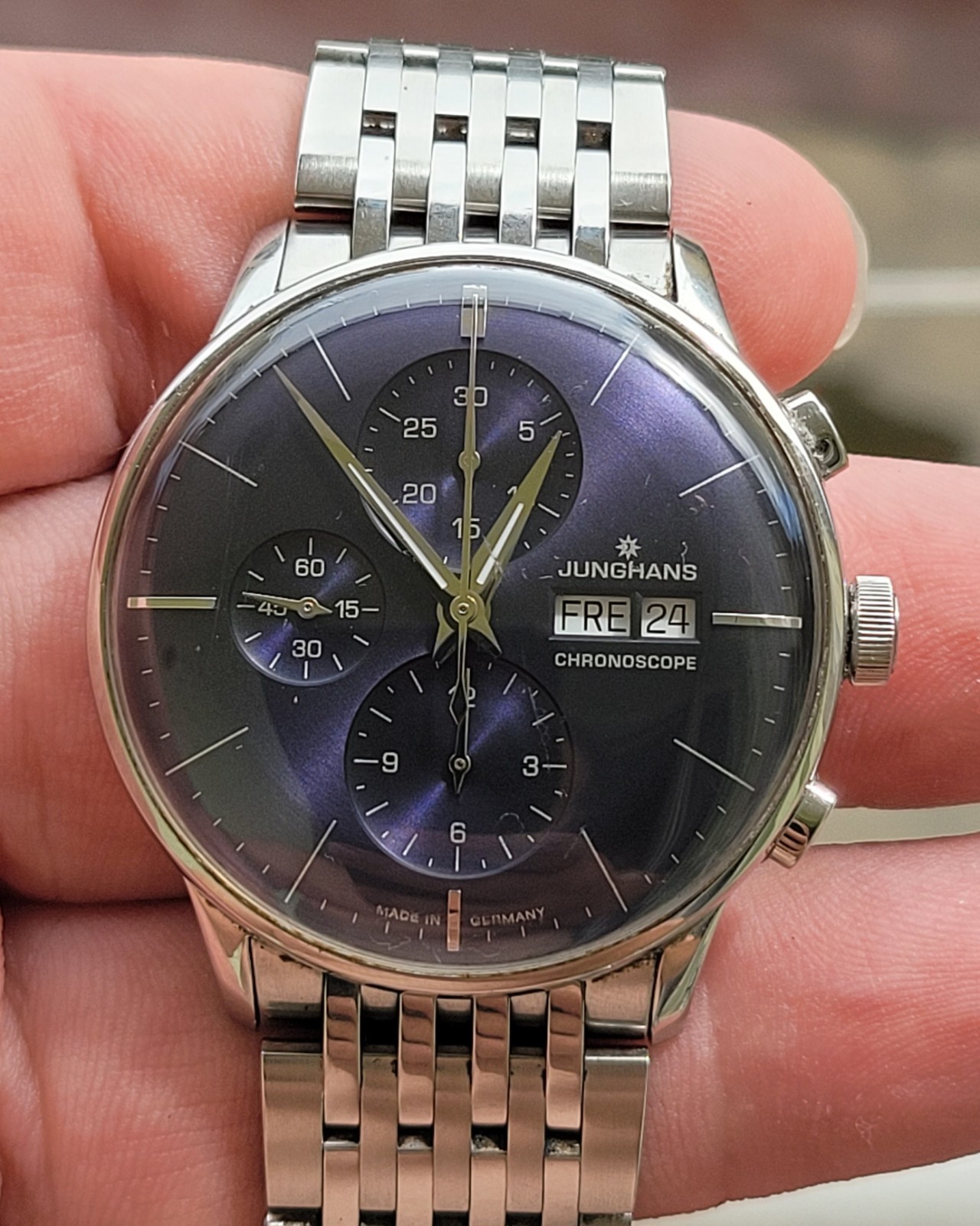 JUNGHANS Meister Chronoscope 027/4528. automatic plexiglass Blue Dial 41mm
