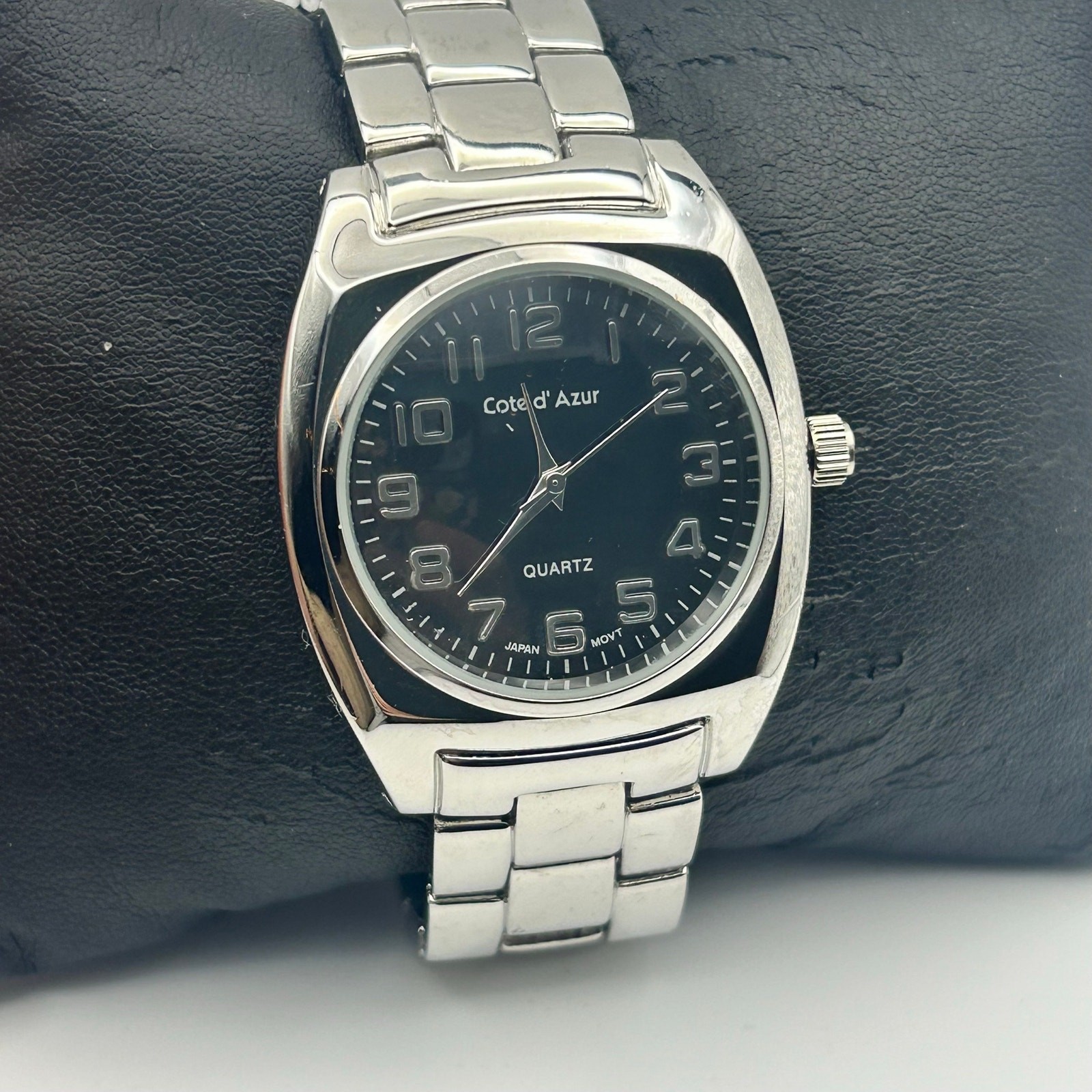 Cote d’Azur Silver Tone Black Dial Stainless Steel Men’s Watch New Battery