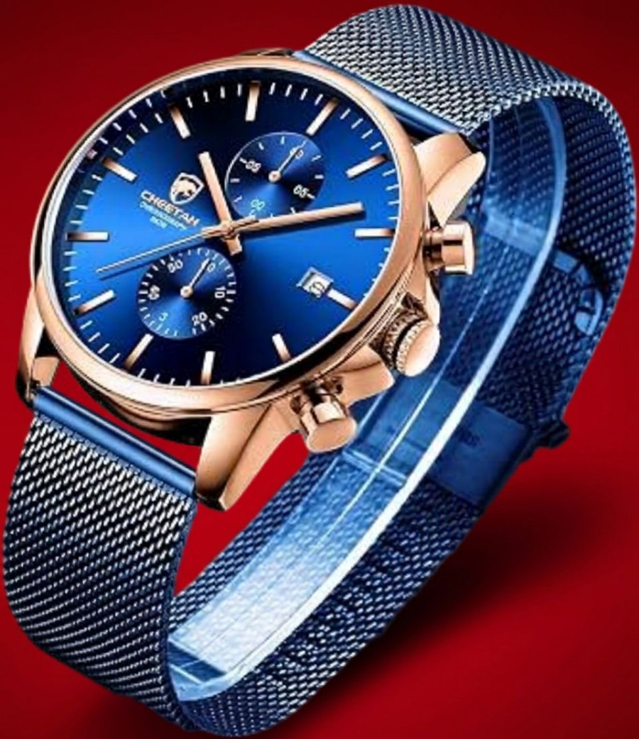 Mens Watch Sleek Fashion Quartz Analog Mesh Stainless Steel Blue Gold Wristwatch
