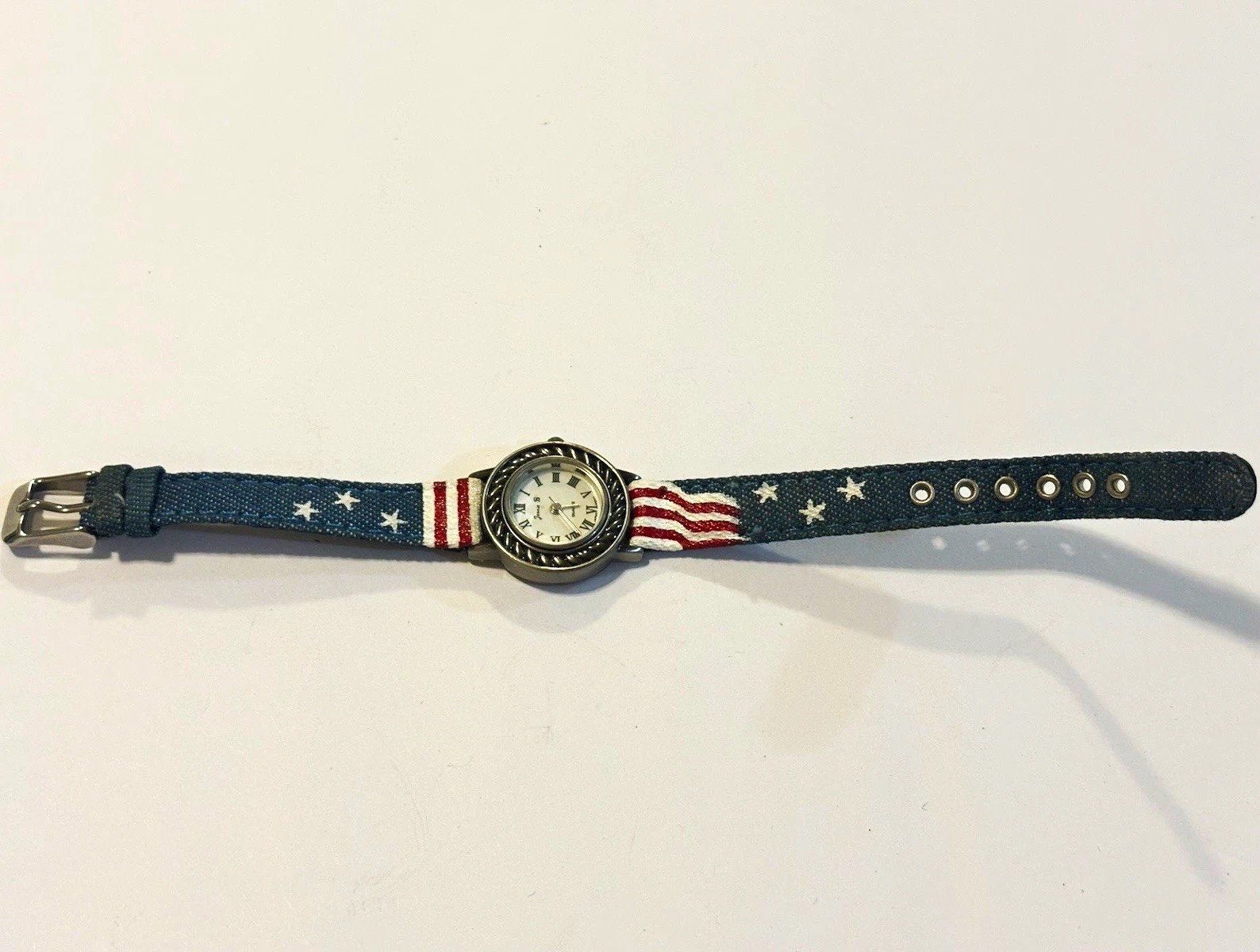 Vintage James B American Flag Denim Watch Patriotic Stars Stripes Quartz Women’s