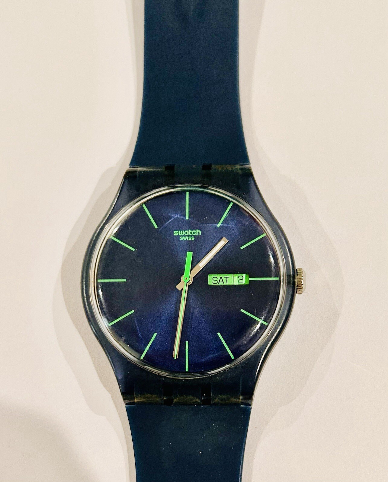 Swatch Neon Green Rebel Watch SR1130SW Silicone Band Blue