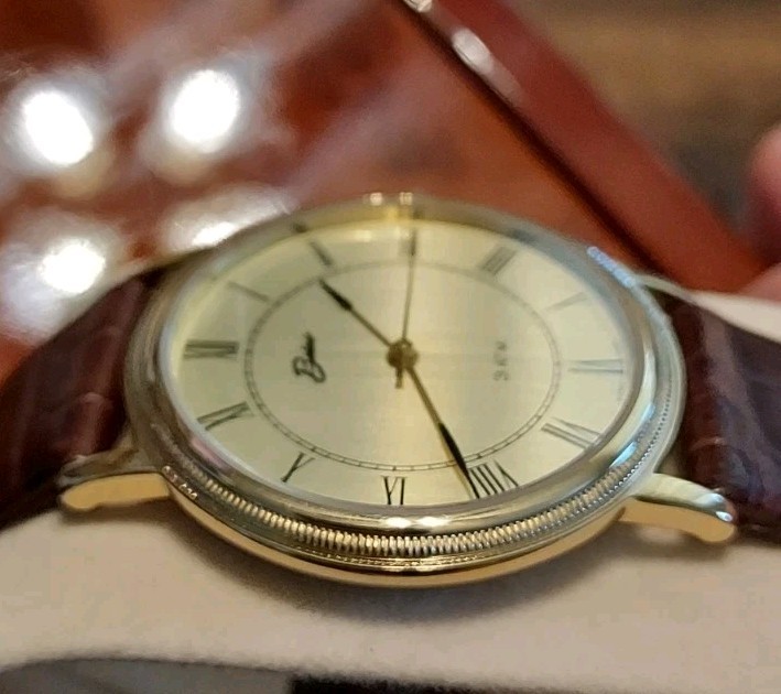 Excellent Vtg Belair 3ATM Gold Tone Mens sapphire crystal Watch w/case new bat