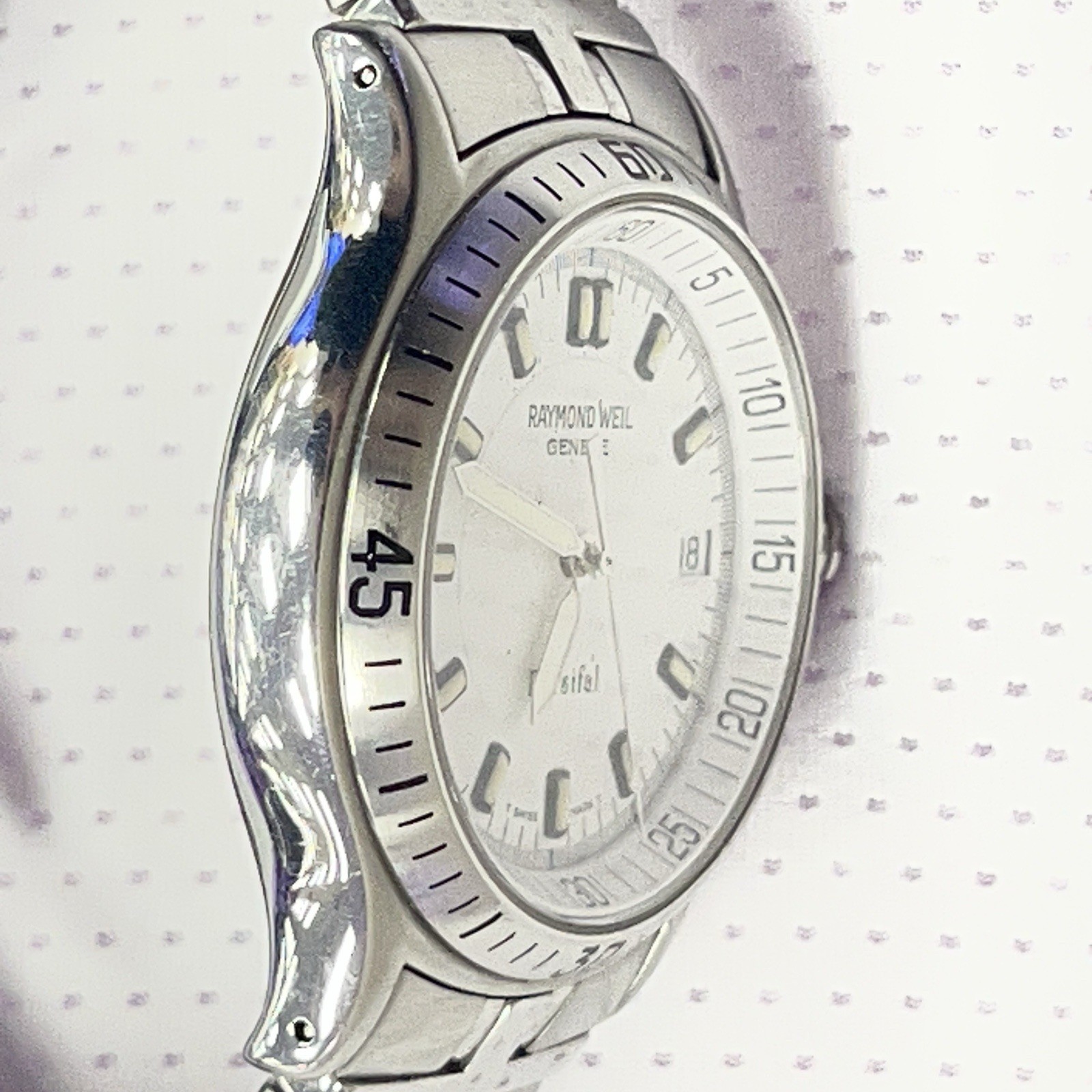Raymond Weil Parsifal 9091 Swiss Quartz Steel Watch White Dial Date 7″ Band