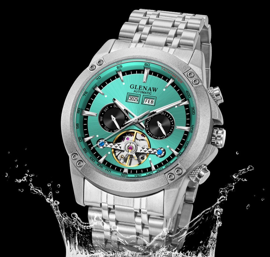 GLENAW men’s automatic mechanical watch skeleton calendar dial luminous hands