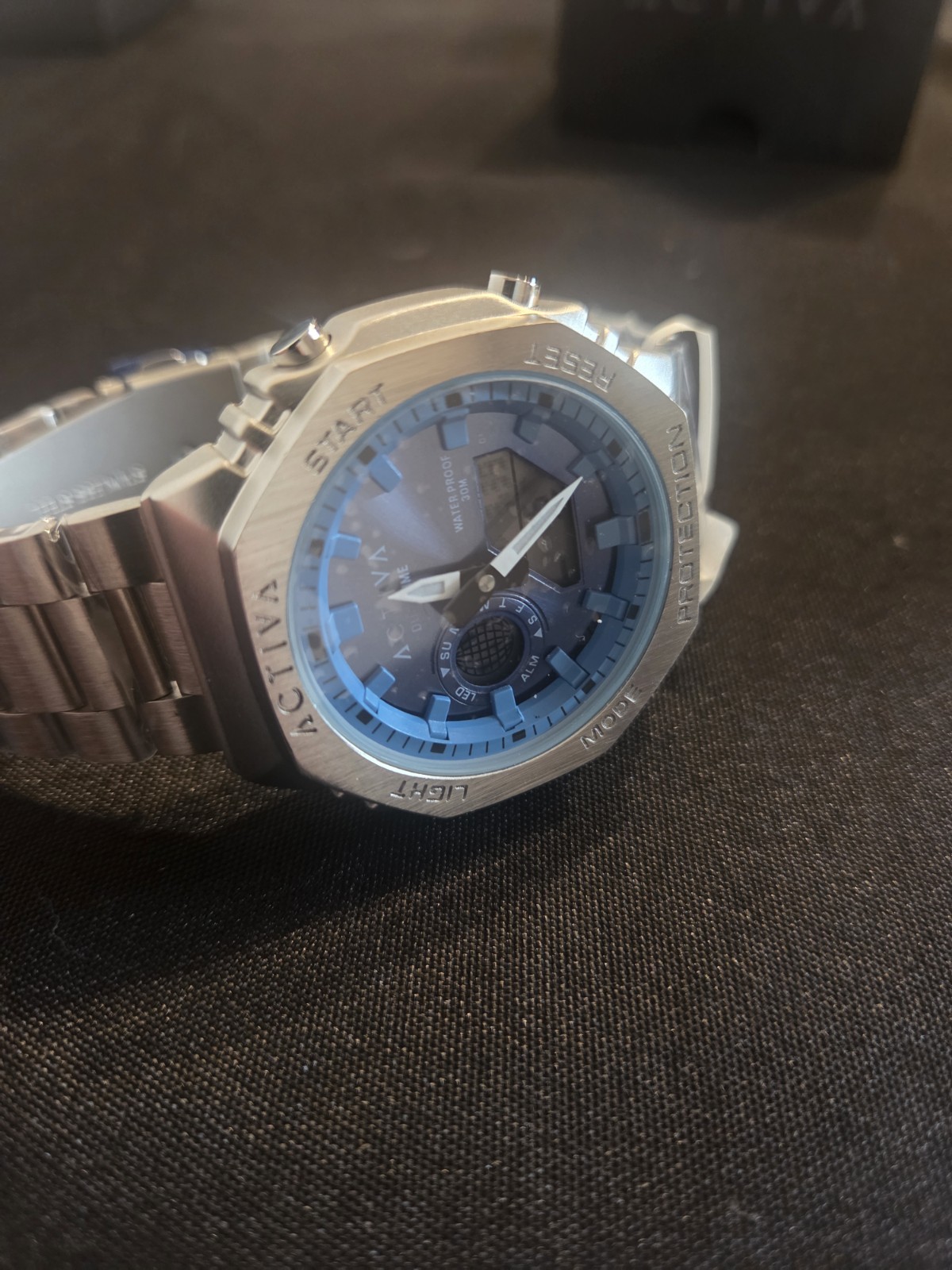 Activa Dual Time mens quartz analog/digital watch blue dial ss bracelet 30m