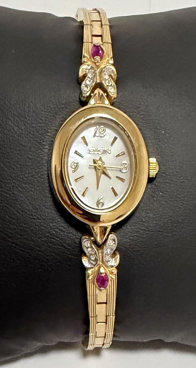 vintage antique elgin Luxury Gold Tone With 2 Genuine Ruby Stones Ladies Watch.