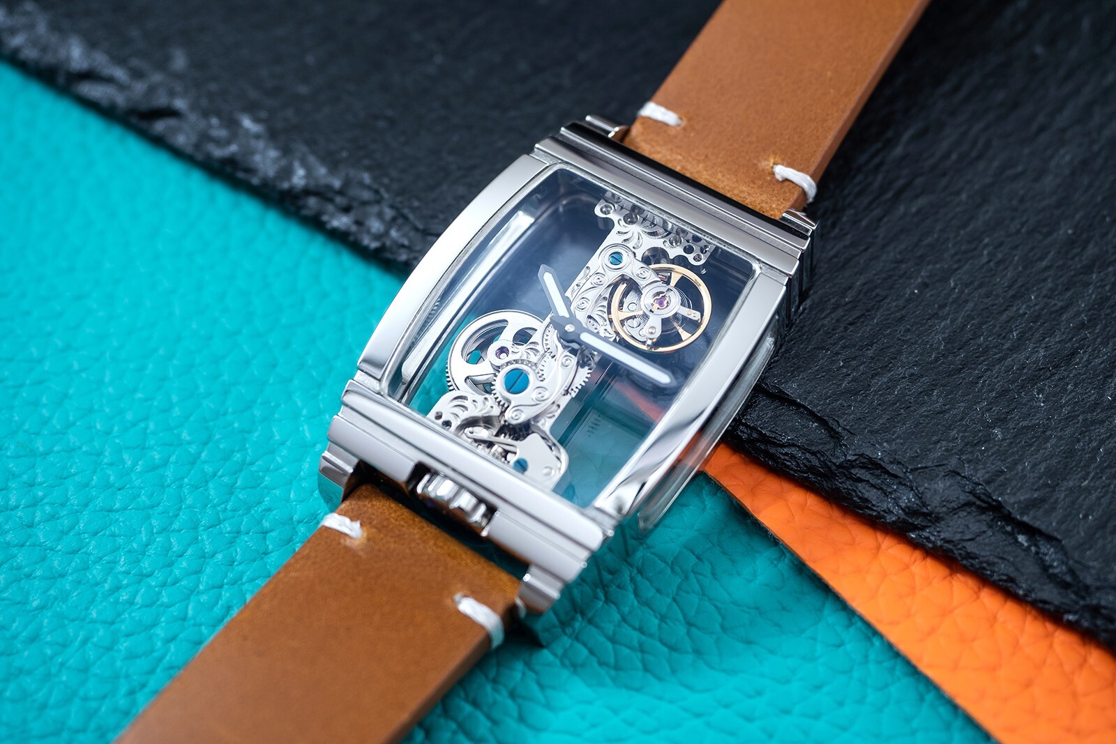 Mens Silver Manual Mechanical Watch Dark Tan LT. Brown Oil Waxed Vintage Leather