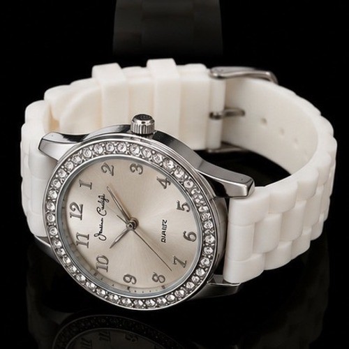 Jessica Carlyle Womens Silicone Strap Watch Crystal Bezel Silver Dial Needs Batt