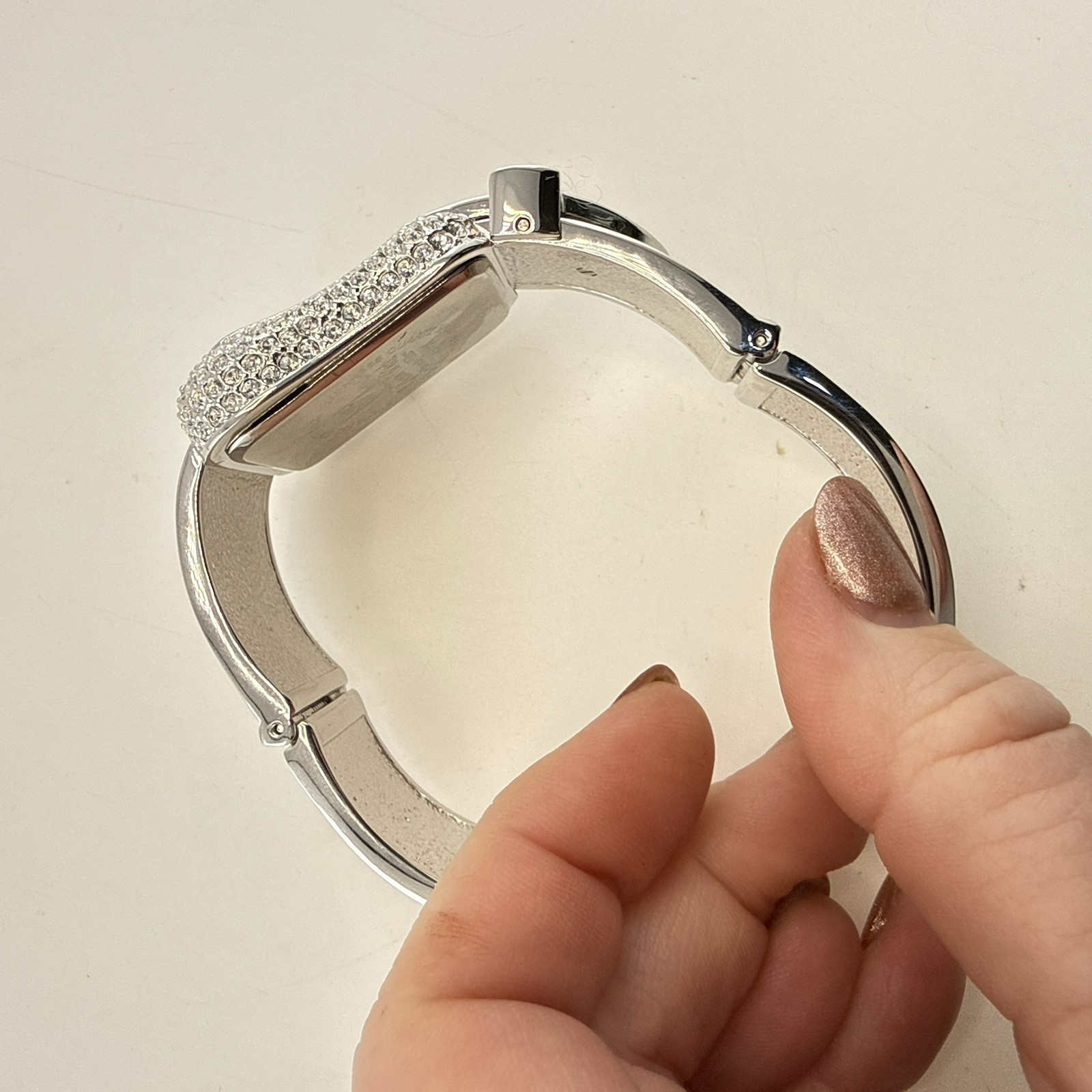 Victoria Wieck Watch Hinged Cuff Black Silver Tone Crystal Rhinestone * WORKS*