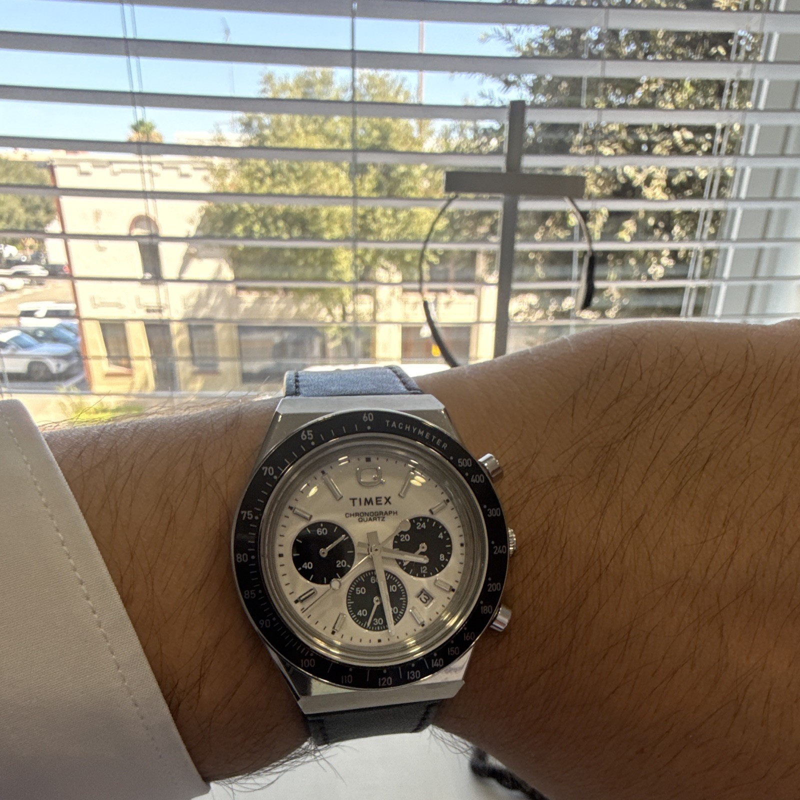 Timex Q Men’s Chronograph Quartz Tachymeter Date 40mm Silver, Black Leather