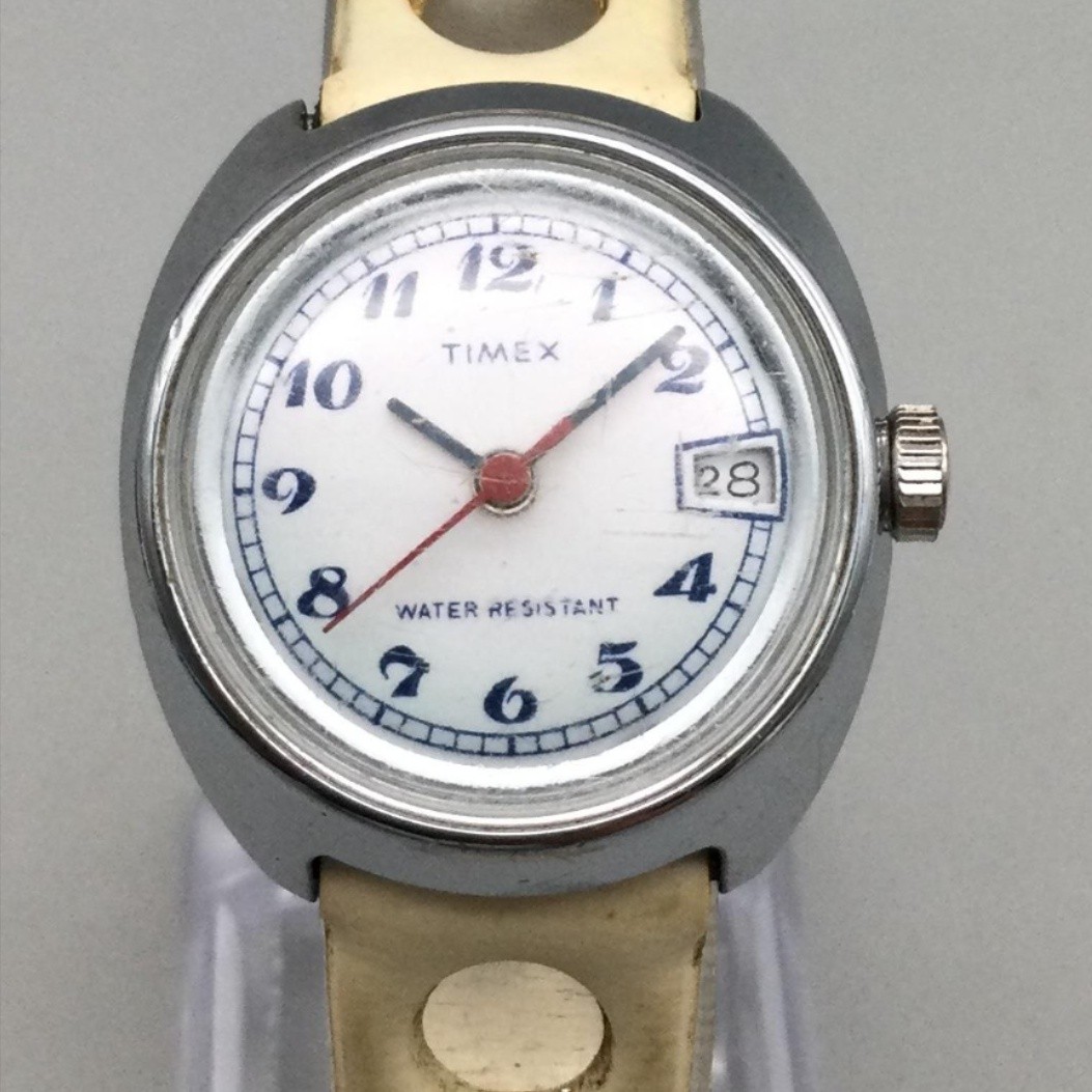 Vintage Timex Womens Watch 26mm White Dial Date Manual Wind White Strap