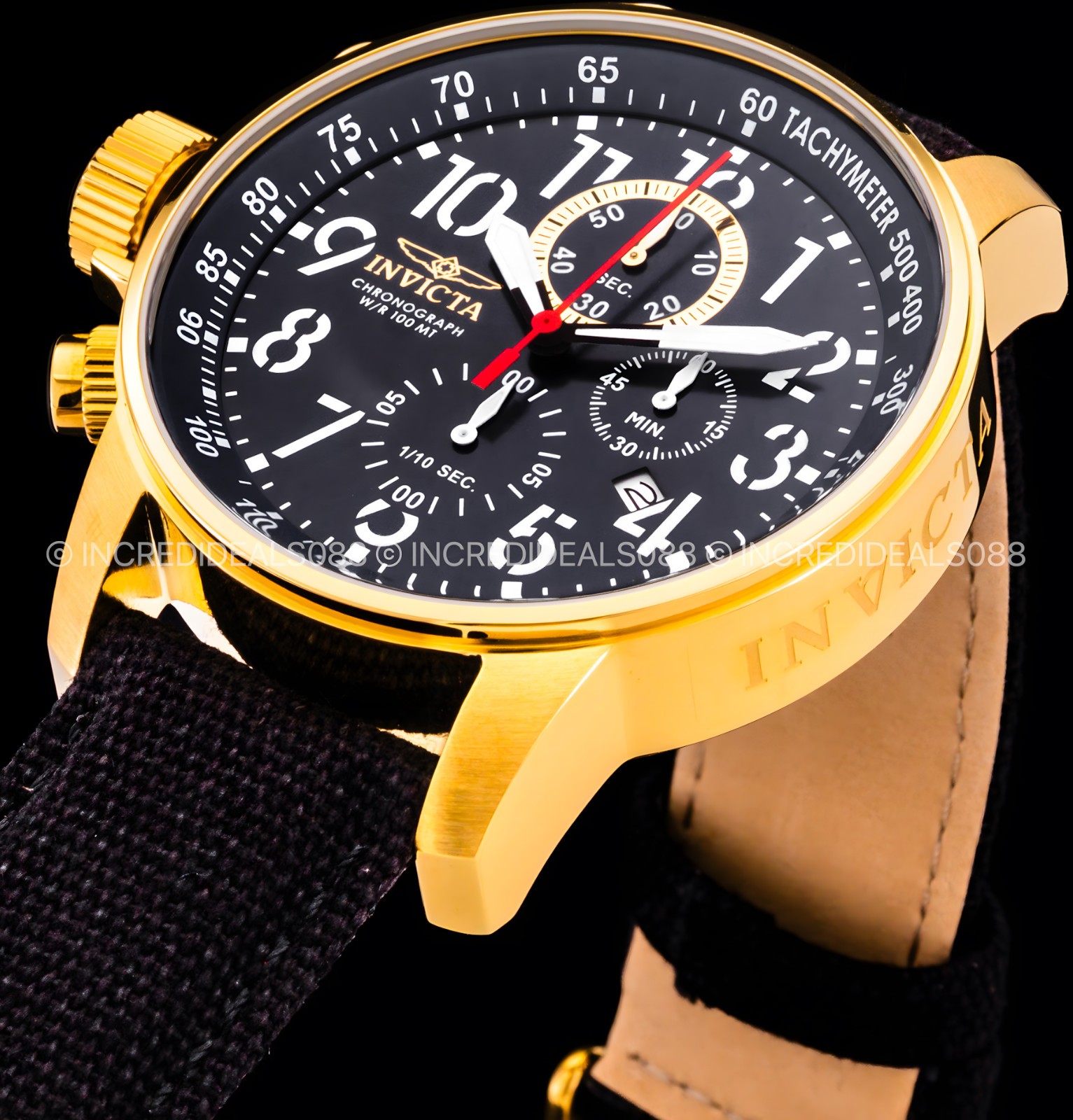 Invicta Men I FORCE LEFTY Chronograph GOLD BLACK Dial Nylon Strap 46mm Watch