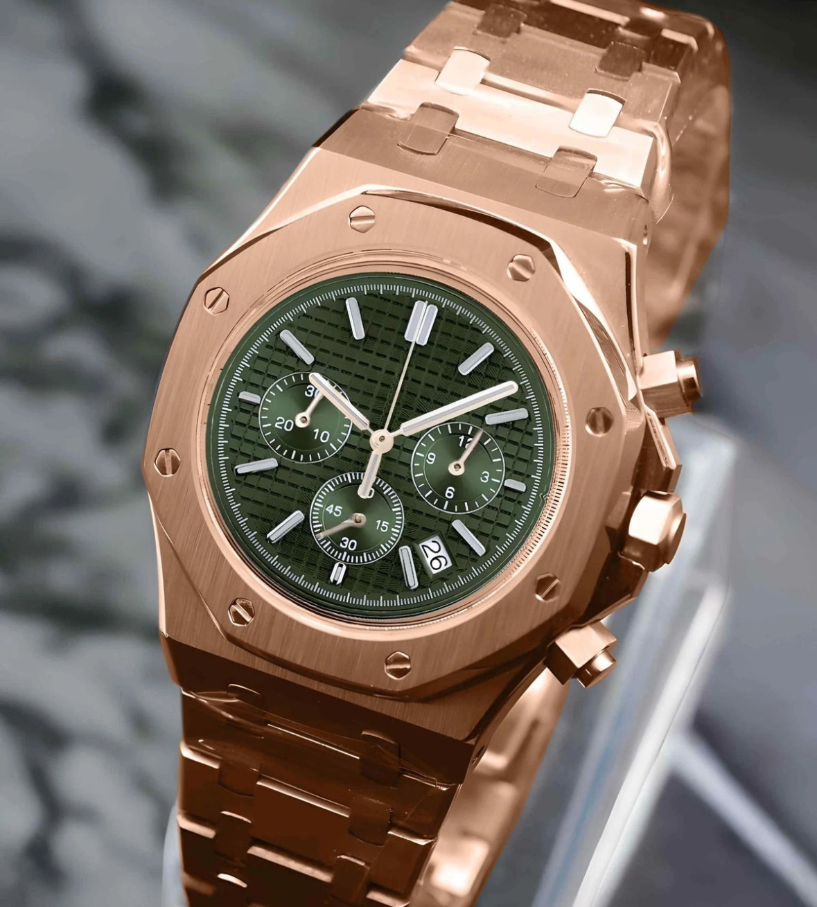 Custom Built Rose Gold Chronograph Watch Japanese VK63 Type Green Dial