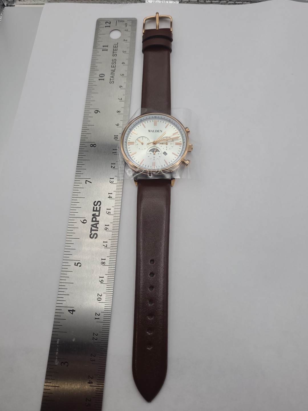 Walden 38mm Moon Phase Men Watch Quartz Rose Gold Tone Brown Band Date New