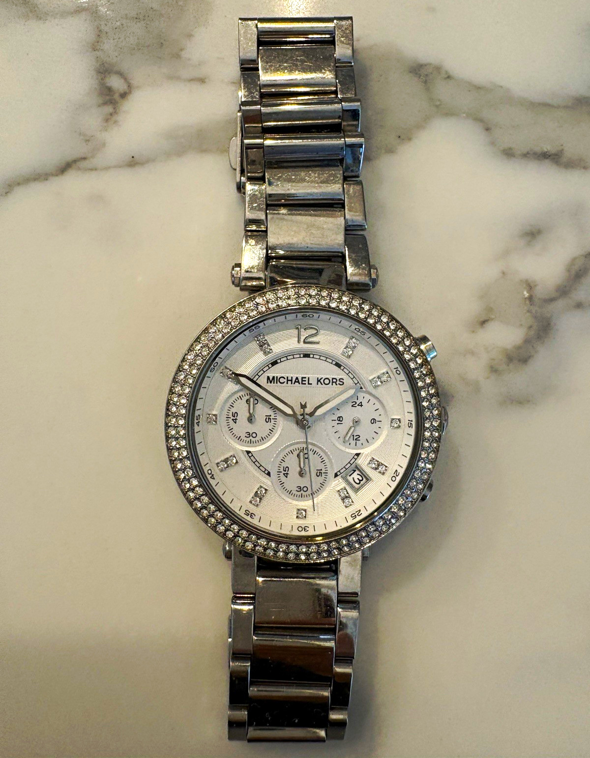 Michael Kors Silver Crystal Bezel Quartz Date 24-Hour 39mm Bracelet Watch