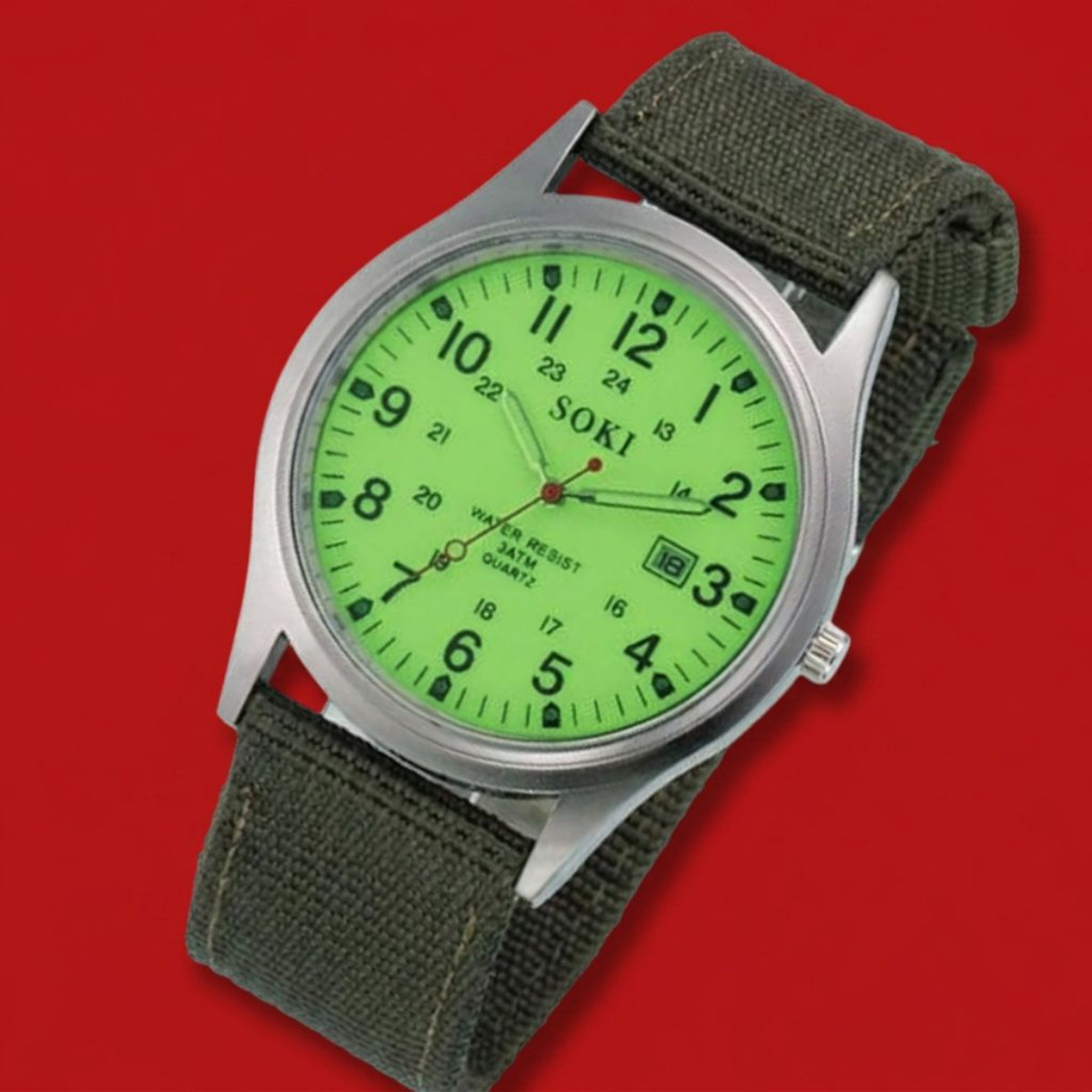 Men’s Military Army Style Luminous Dial 24Hr Green Nylon Strap Date Quartz Watch