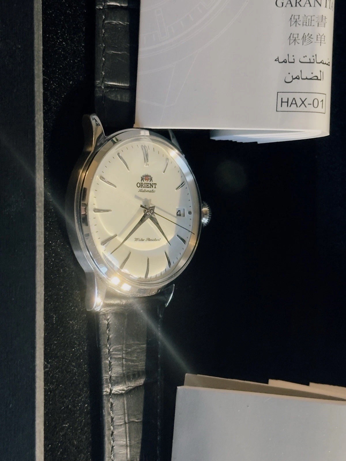 Orient Bambino Automatic Silver Dial Black Leather Date Watch w/ Box Papers
