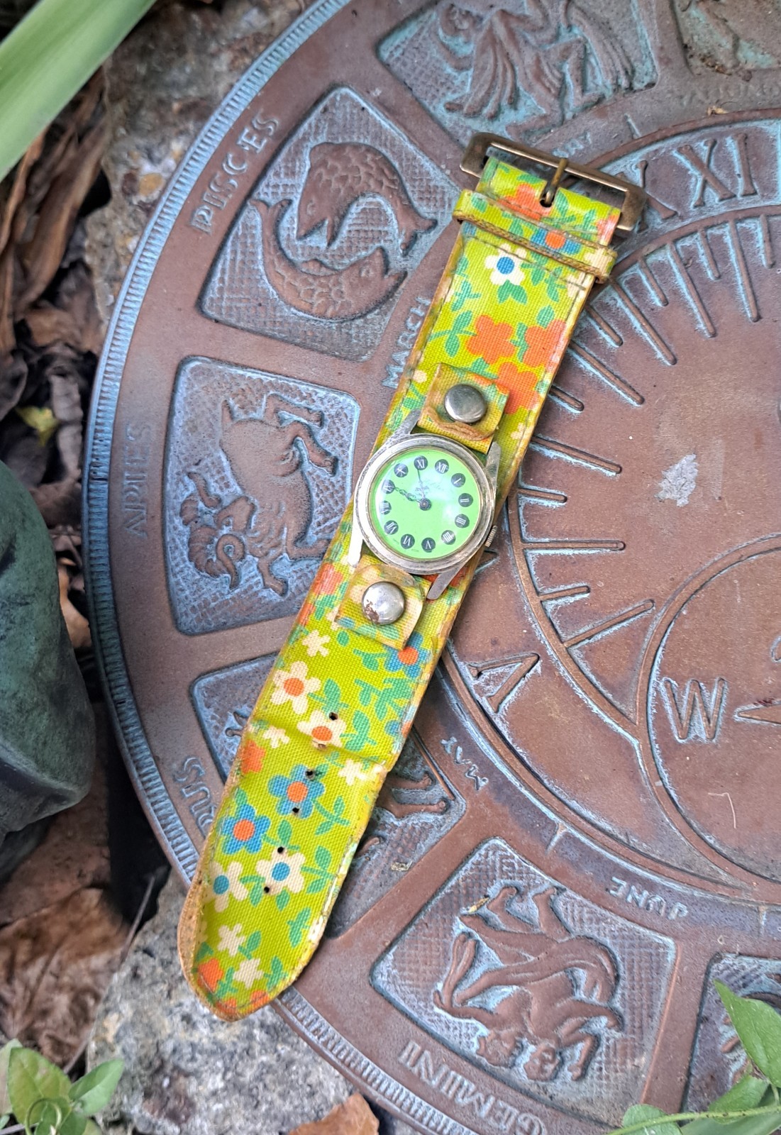 Vtg 60s Webster Watch Swiss Made Lime Green Mod Floral Diamond Tooled PARTS ONLY