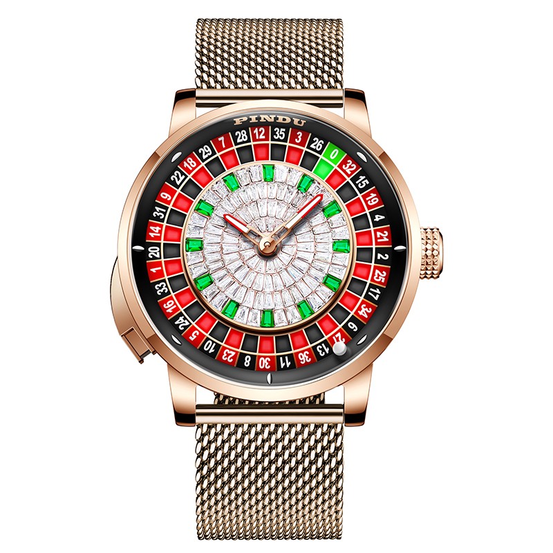 PINDU Men’s Mechanical Watch Roulette Dial Iced Out Sapphire Glass 46mm Golden