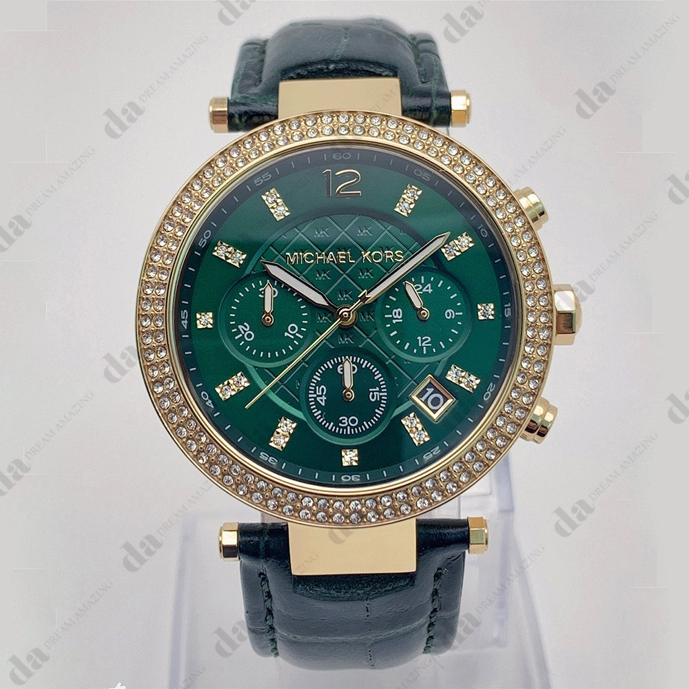 New Michael Kors MK6985 Parker Leather Strap Green Dial Quartz Women’s Watch