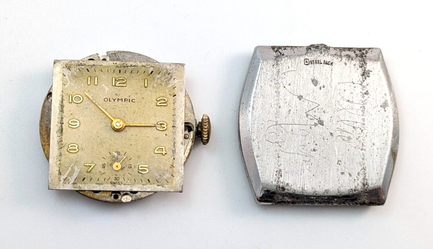 Vintage OLYMPIC Gsell & Co 7j 28mm Swiss Watch Movement & Rear Case PARTS REPAIR