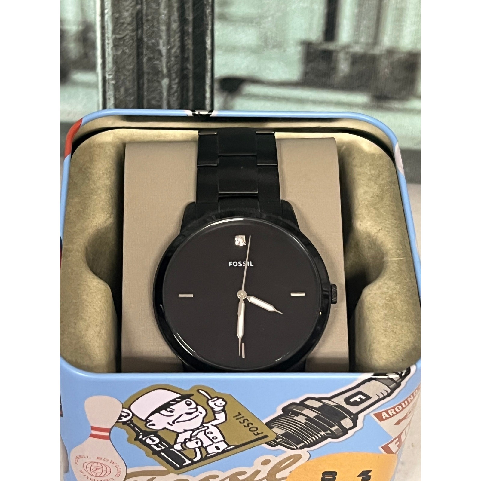Fossil FS5455 Minimalist All Black Stainless Steel Diamond Accent Men Watch