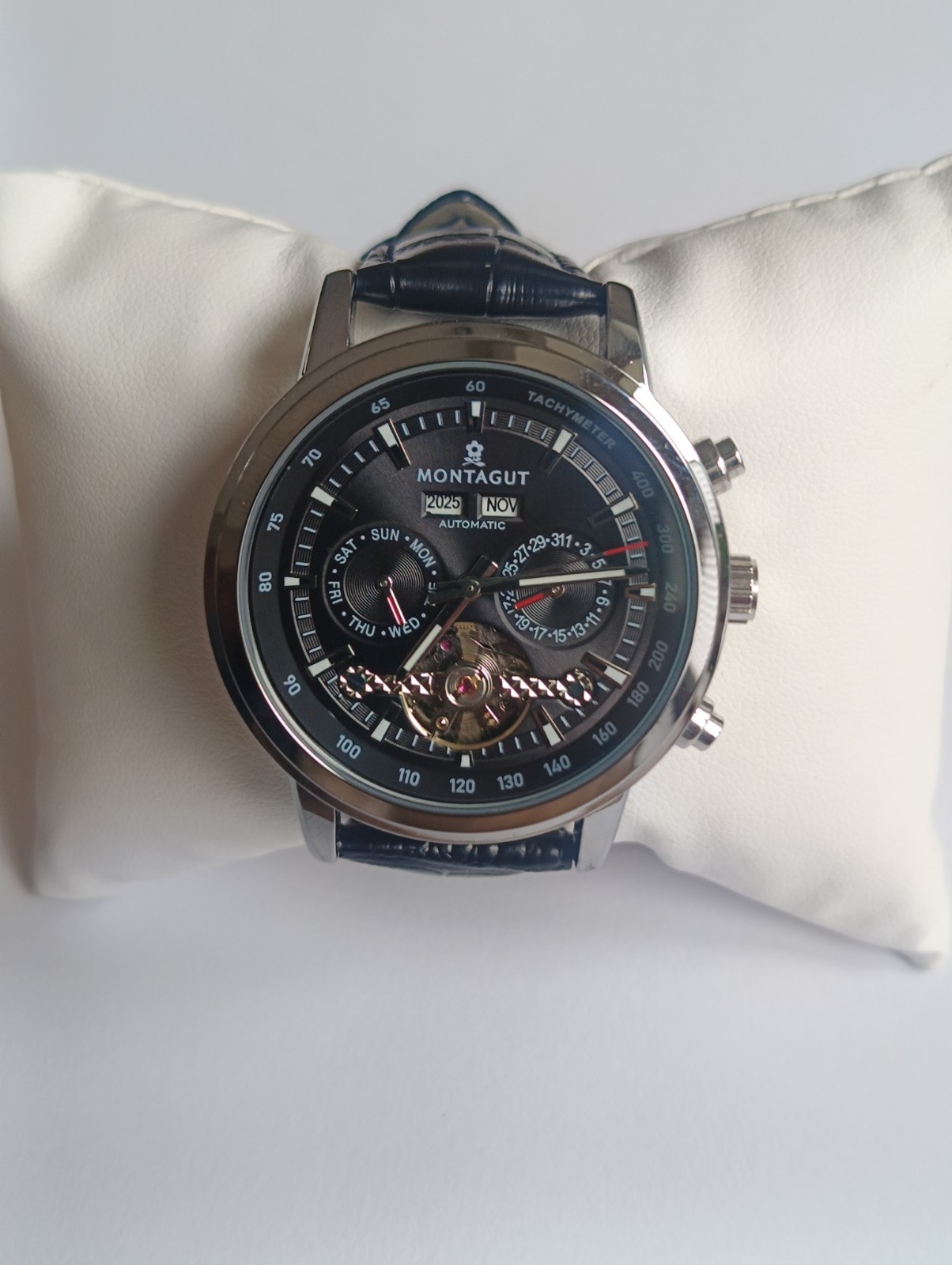 Luxury Montagut Automatic Skeleton Watch – Black Dial – Genuine Leather – Open