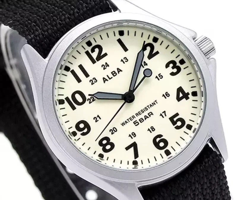 Seiko Alba AQPK401 Black Nylon Quartz Watch 35.5mm Sporty All‑Lumi Resistant