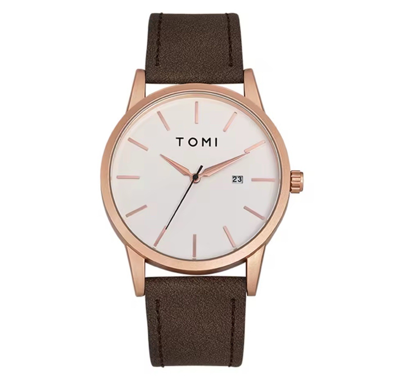 TOMI Men’s Quartz Analog Watch Date Stick Indexes Stainless Steel Leather Strap