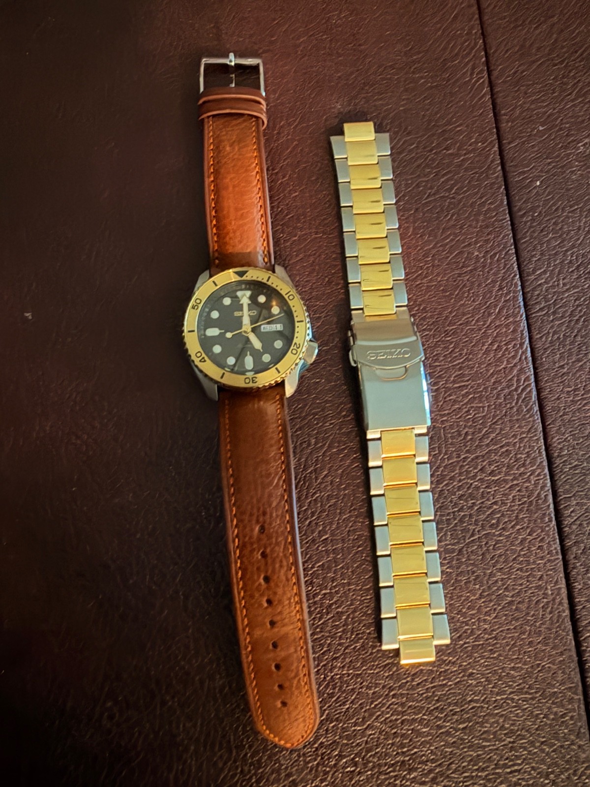 Seiko 5 Sports SRPK24 Two Tone Brown Dial Men’s Watch w/ Leather Strap