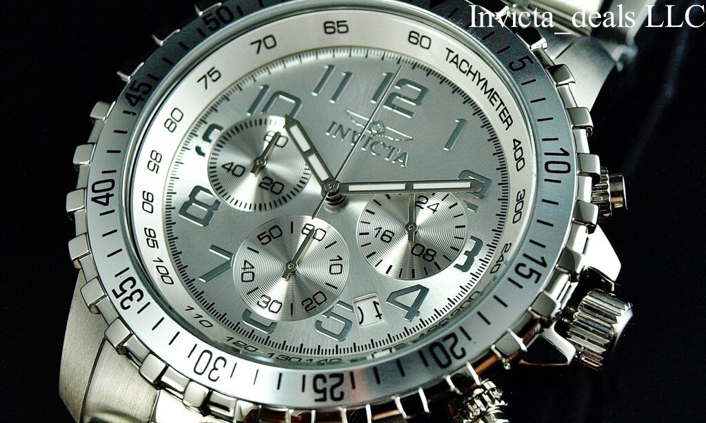 Invicta Men’s 45mm Specialty PILOT Chronograph SILVER DIAL Silver Tone SS Watch