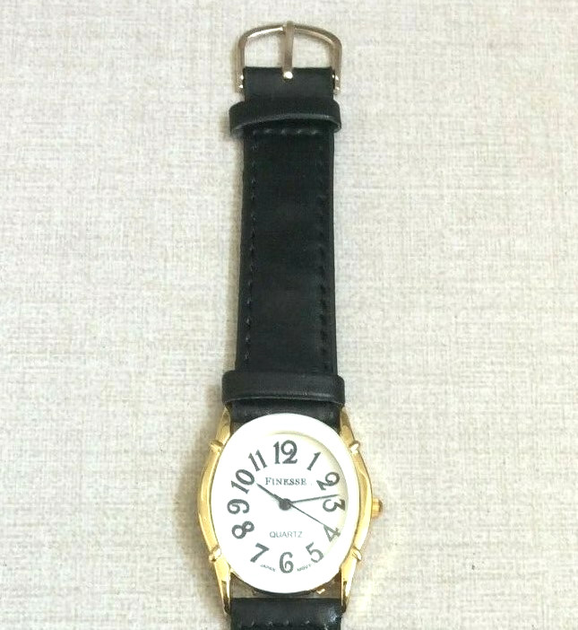 Finesse Women’s Gold Watch Oval White Dial on Black Leather Strap Band New Style