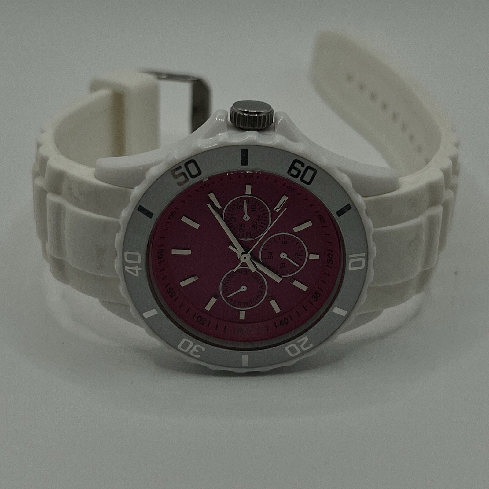 Xhilaration Womens Pink White Rubber Jelly Watch Silicone Band Rotating Bezel