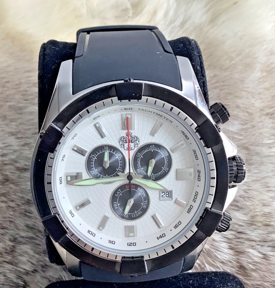 Sug 1883 Mens Chronograph White Face Watch incl. Box Swiss Parts Not Running