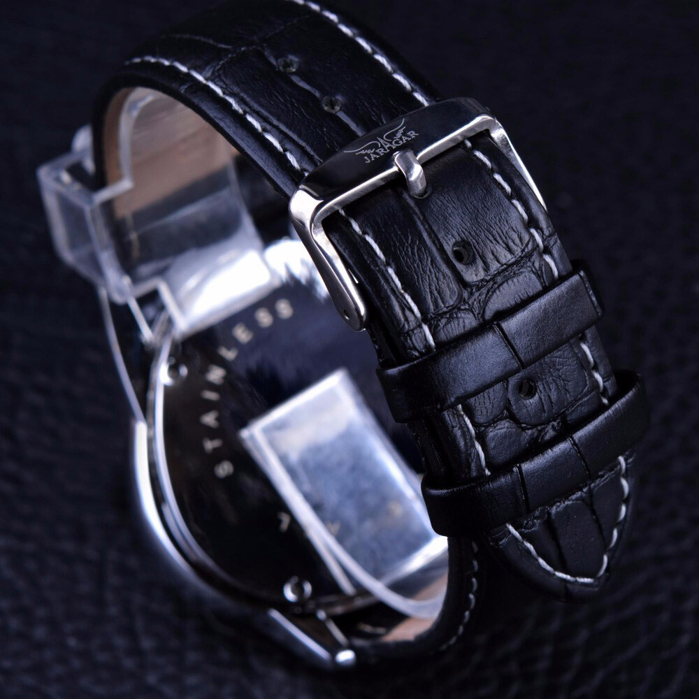 JARAGAR Mens Triangle Automatic Mechanical Watch Leather Calendar Wrist Watches