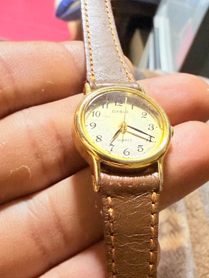 CASIO Quartz Wristwatch Gold Color Brown Leather Band Used