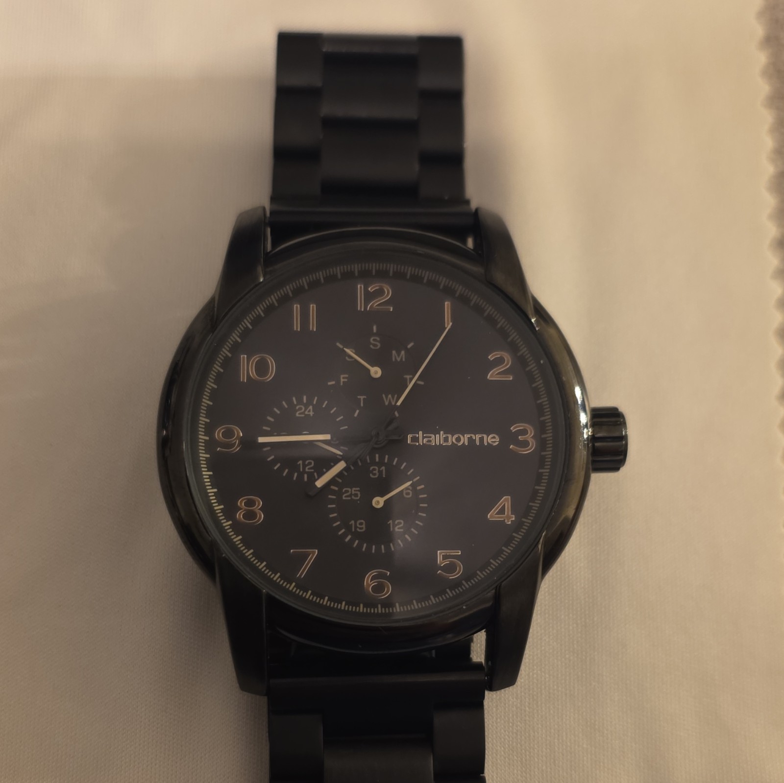Claiborne Men’s Black Analog Quartz Watch, Black Metal Bracelet, 30m WR