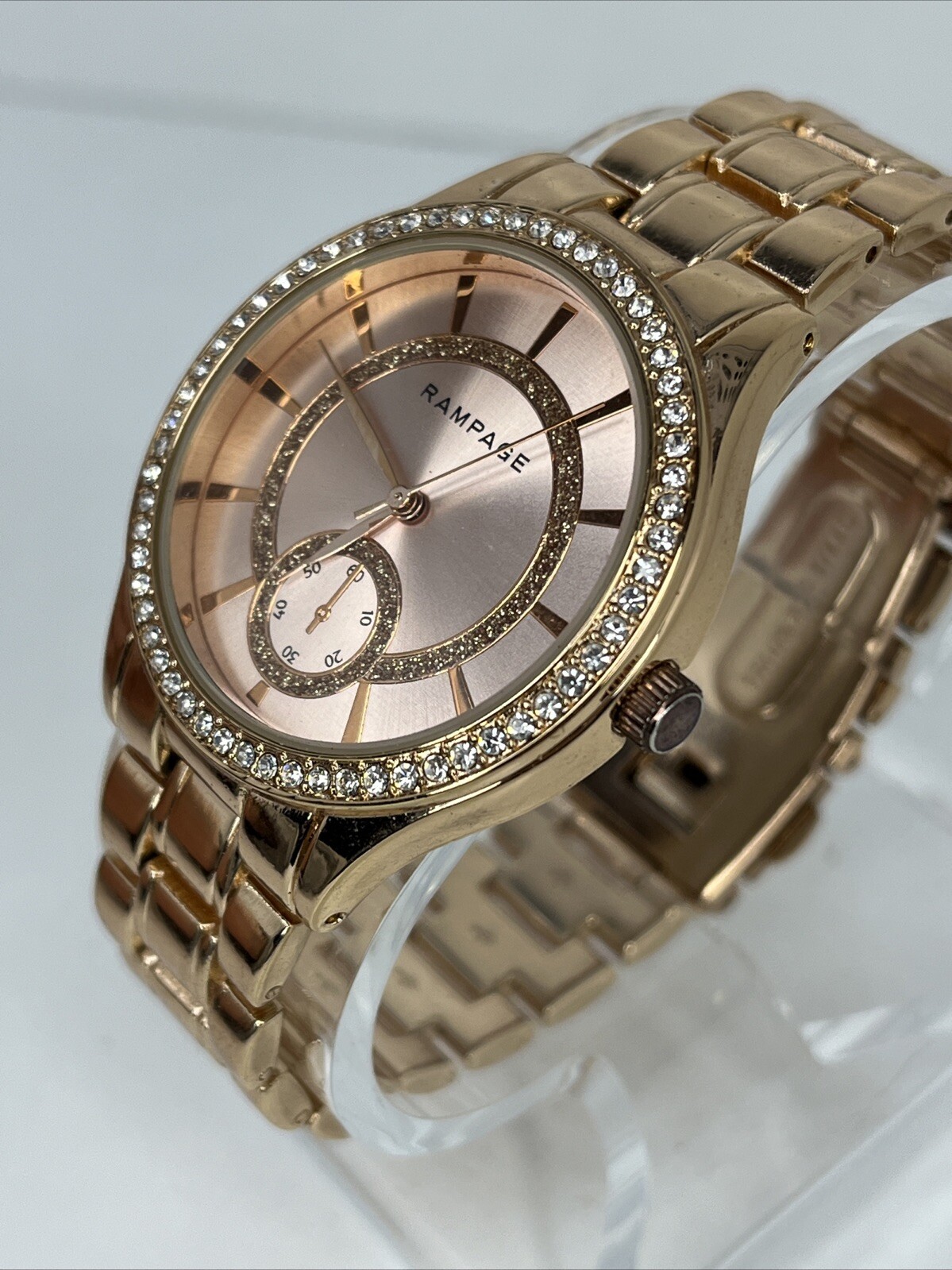Rampage Women’s Quartz Watch Rose Gold 38mm Case Rhinestone Bezel- New Battery