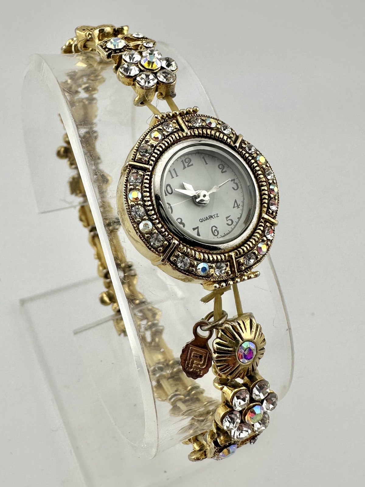 Womens Watch 24mm White Dial Gold Tone Bracelet Gemmed Quartz Jewelry – Size 7″