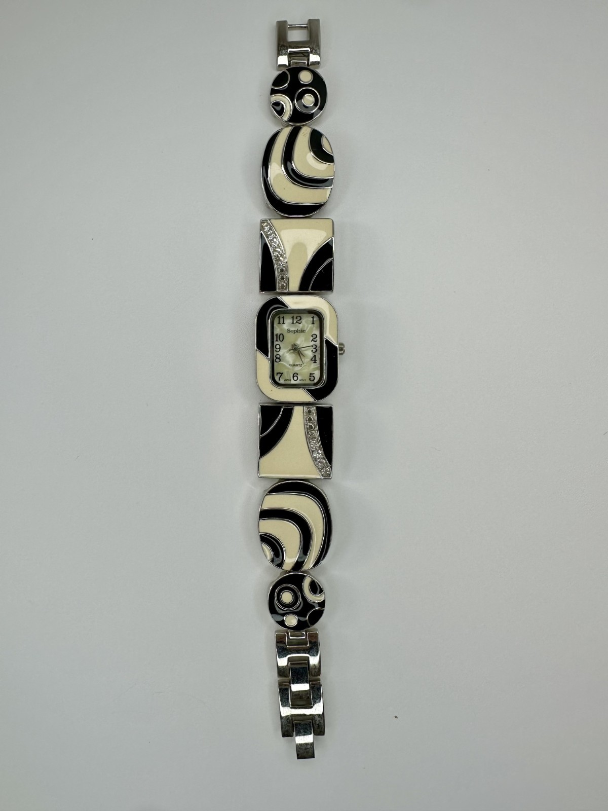 Sophie Watch Silver Tone Black White Enamel Vintage