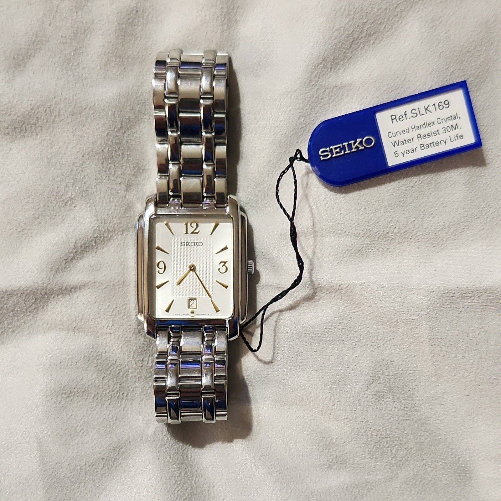 Seiko Men’s Quartz 30m Date Rectangular SS Bracelet White Textured Dial