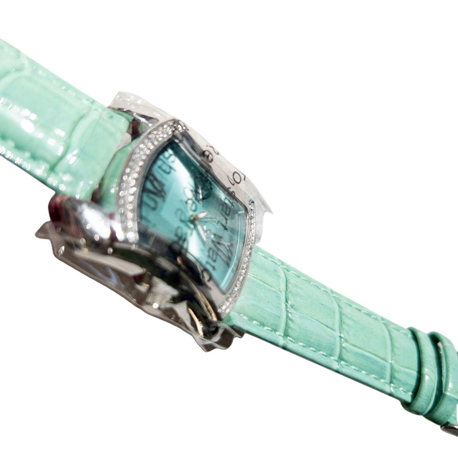 New Burgi Quartz Womens Watch Green Leather Strap Alligator Print 30mm Bling